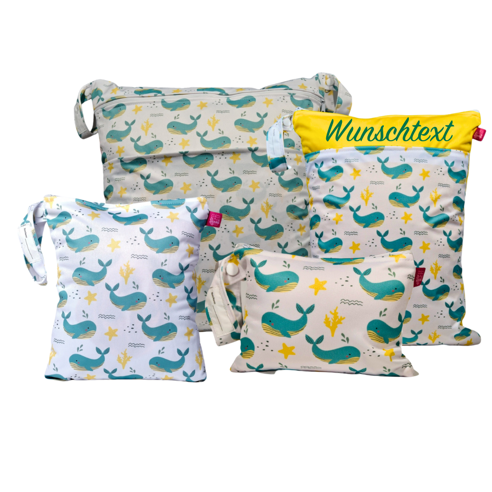 Wetbag Viererset „Wale“ - personalisierbare Wetbags für Kita & zu Hause