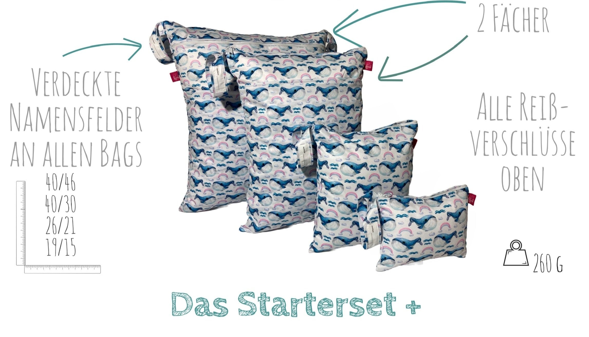 Wetbag Viererset „Wale“ - Wäschebeutel, Nasstaschen, Hygienetaschen