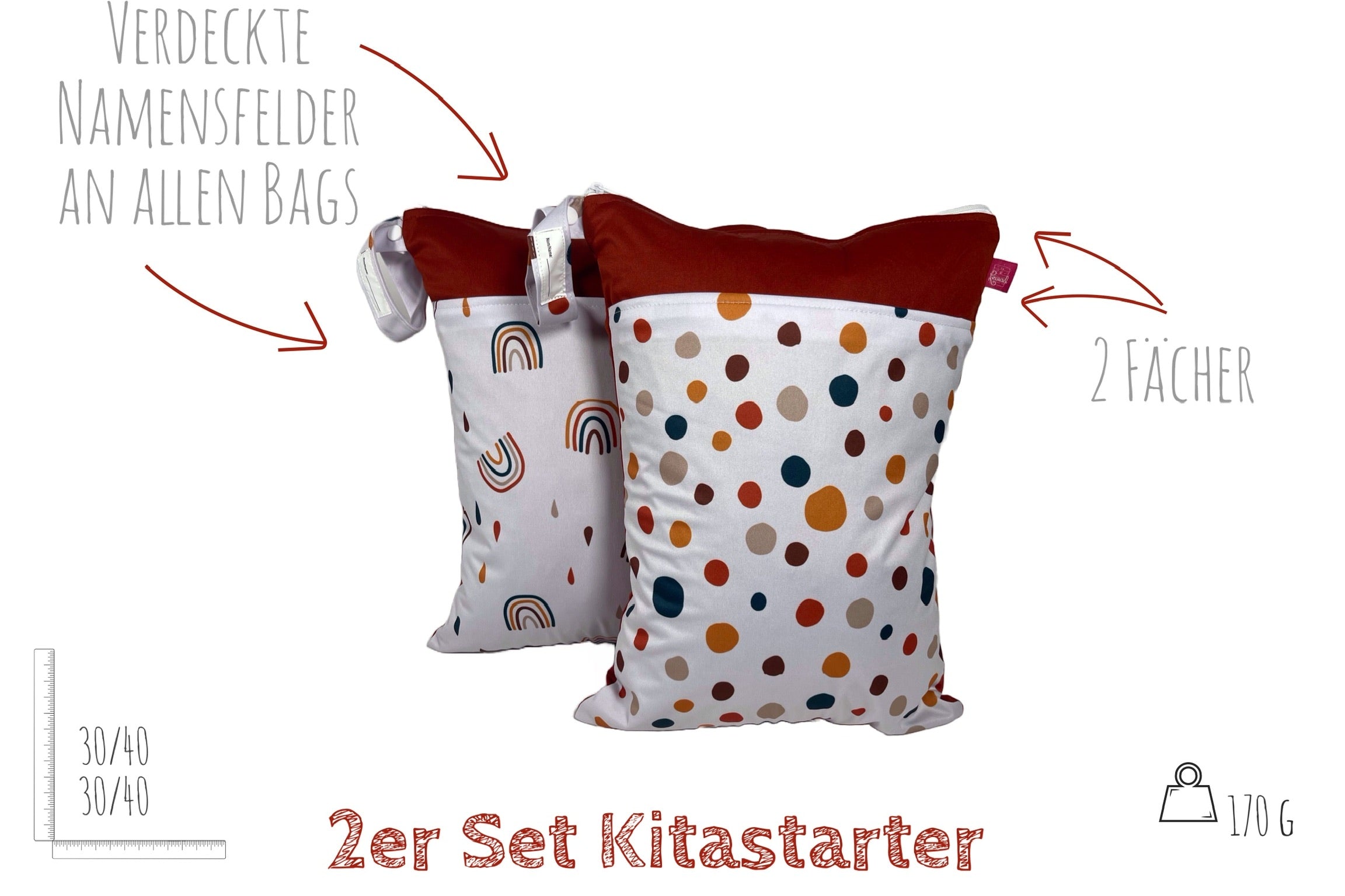 Kitastarterset „Regenbögen & Punkte“ - Personalisierbare Wetbags