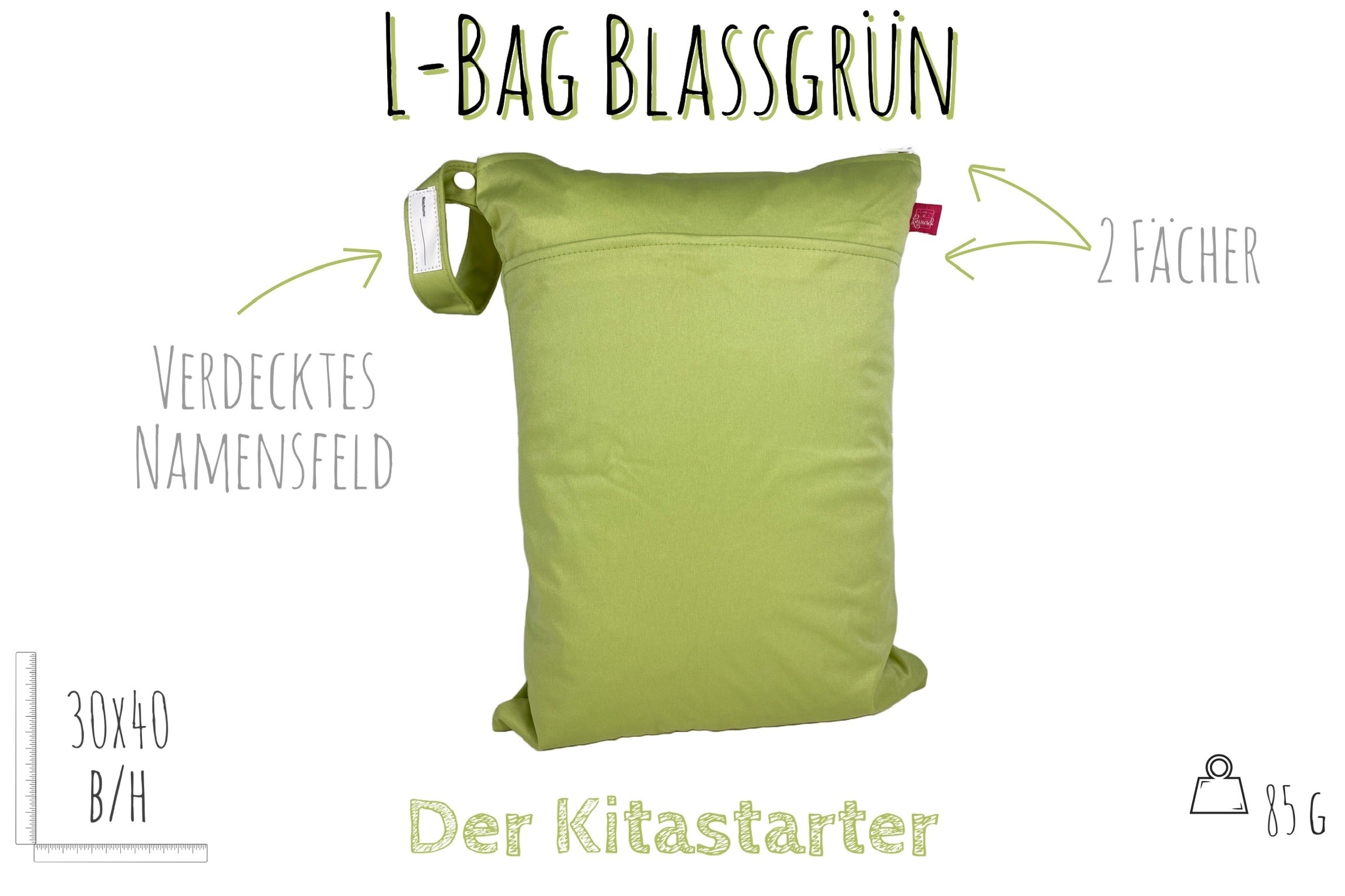 Großer unifarbener Wetbag „Blassgrün“ - personalisierbarer Nassbeutel für Urlaub, Sport & Kita