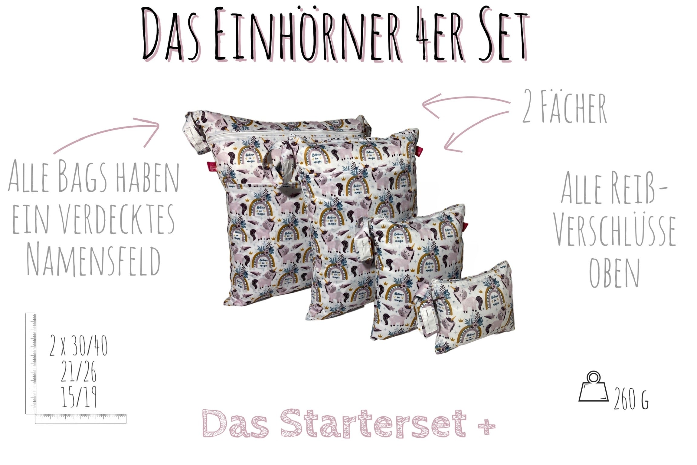 WETBAG SET „Einhorn“ - Vier Hygienetaschen in verschiedenen Größen für Kita & zu Hause