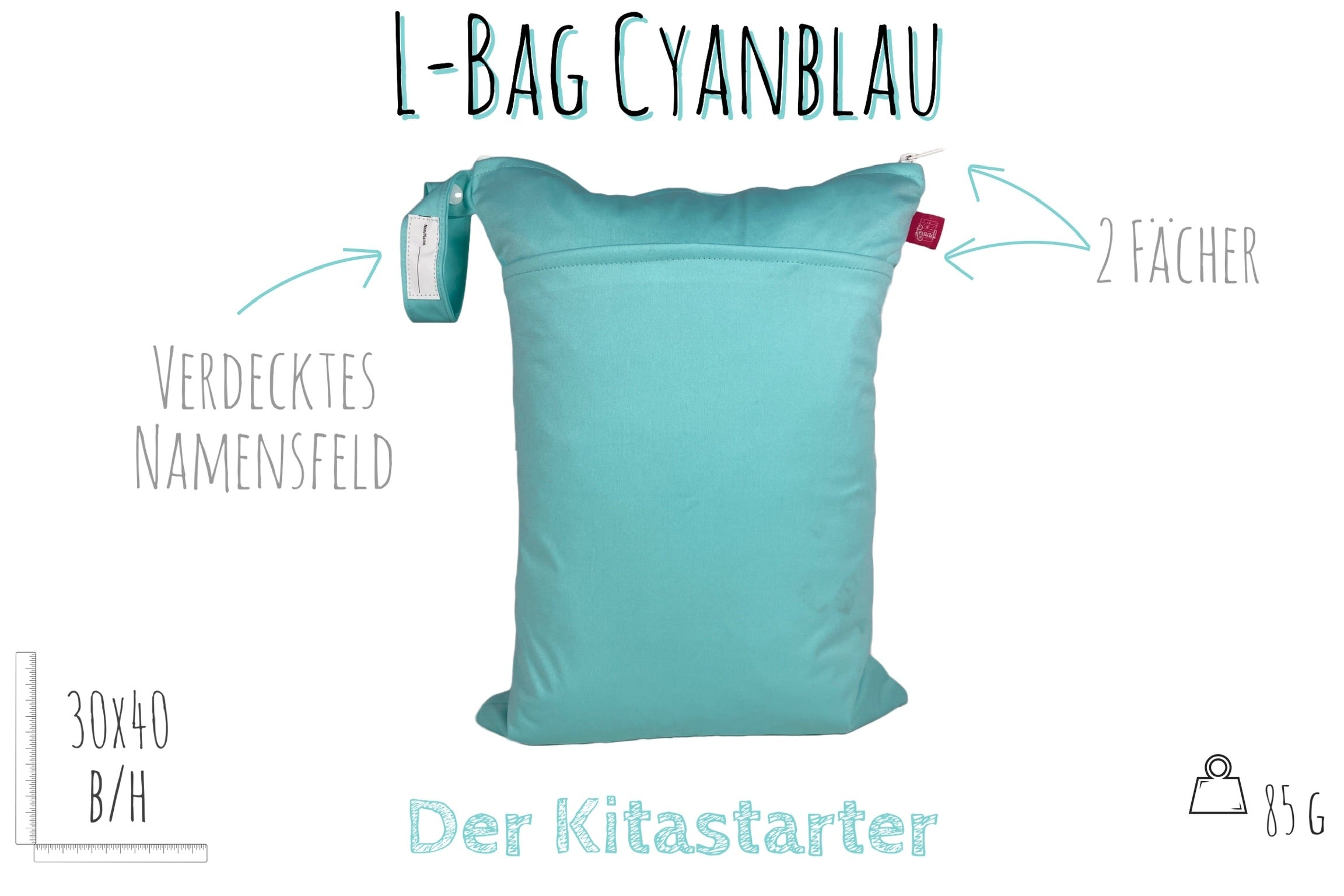 Großer unifarbener Wetbag „Cyan“ - personalisierbarer Nassbeutel für Urlaub, Sport & Kita
