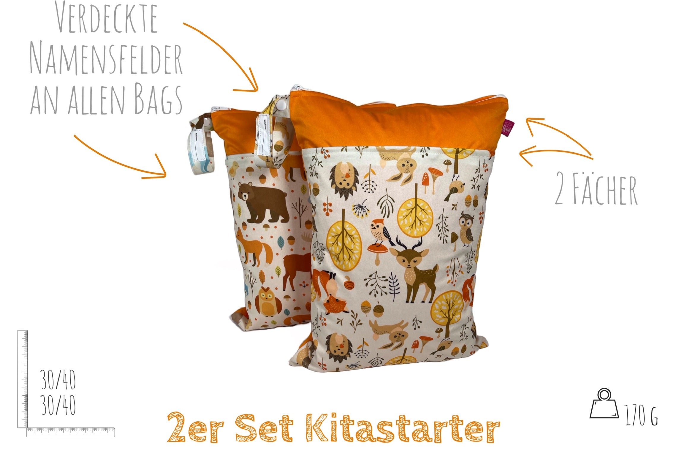 Kitastarterset „Waldtiere orange“ - Personalisierbare Wetbags