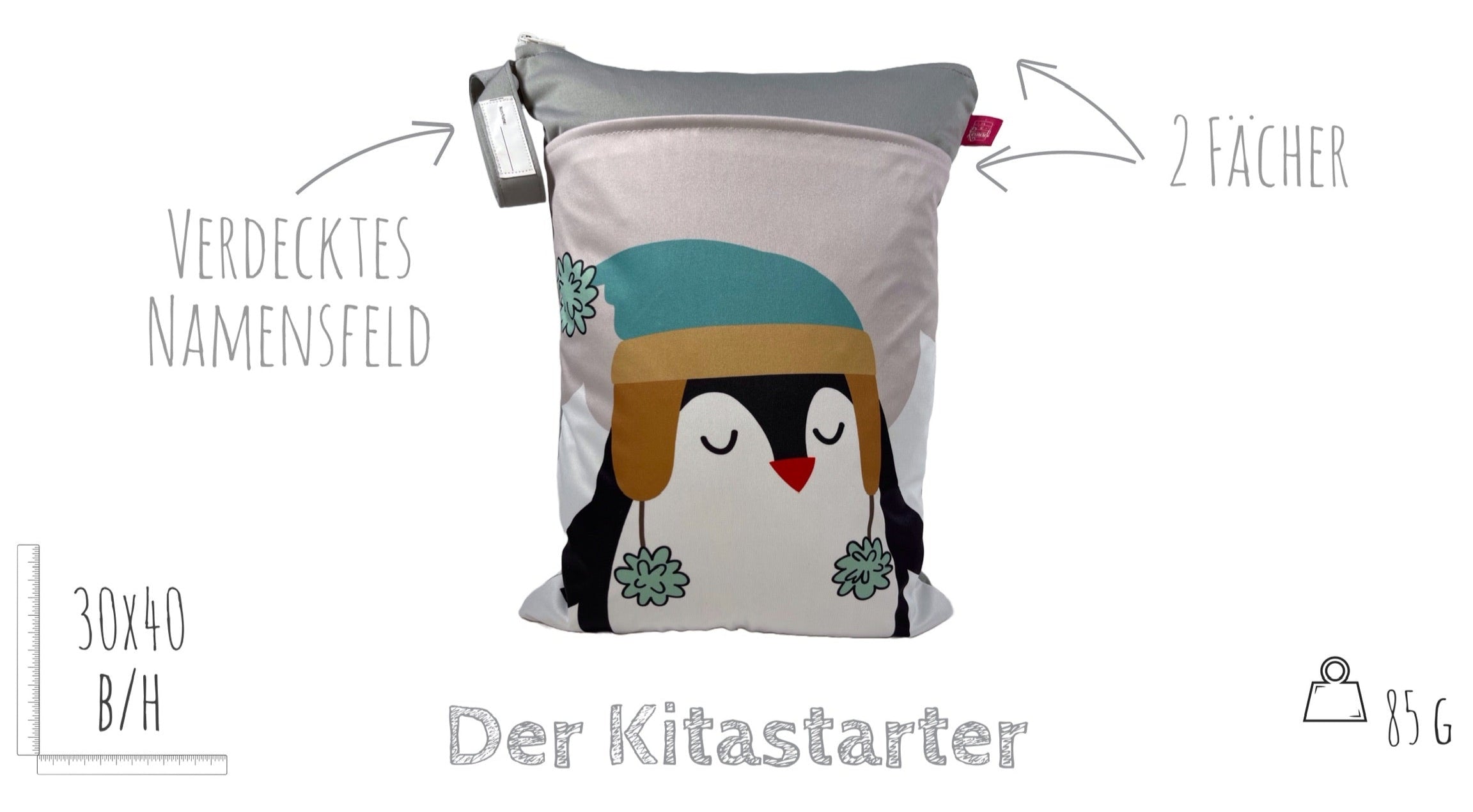 Wetbag mit Namen „Pinguin“ - personalisierbarer Wäschebeutel für Kita, Sport & Alltag