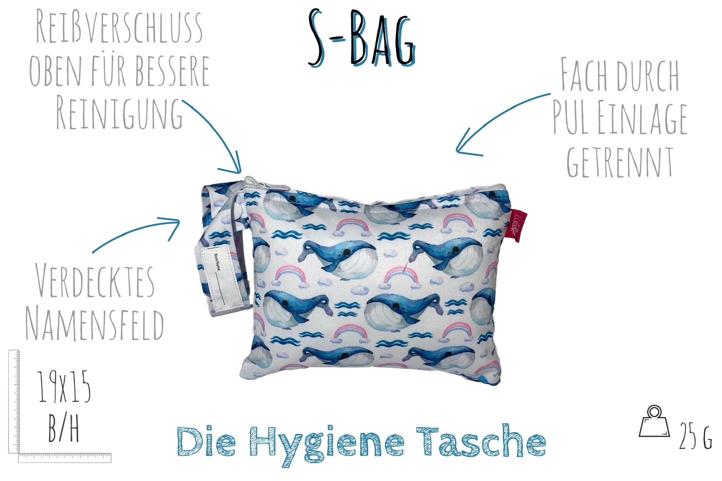 Wetbag Viererset „Wale“ - Wäschebeutel, Nasstaschen, Hygienetaschen