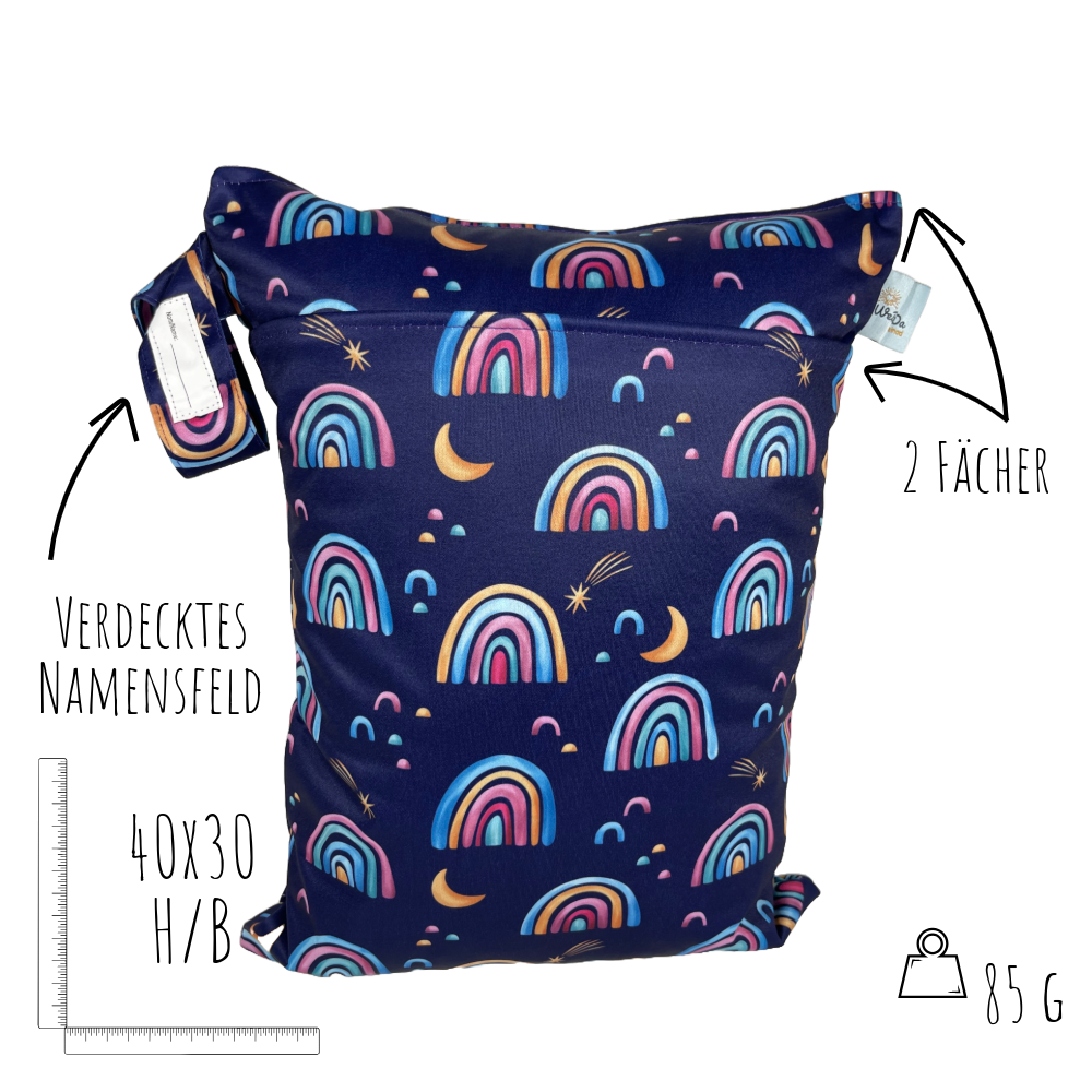 Große Wetbag "Regenbögen lila" - Nasstasche für Kita, Windeln & Badebekleidung