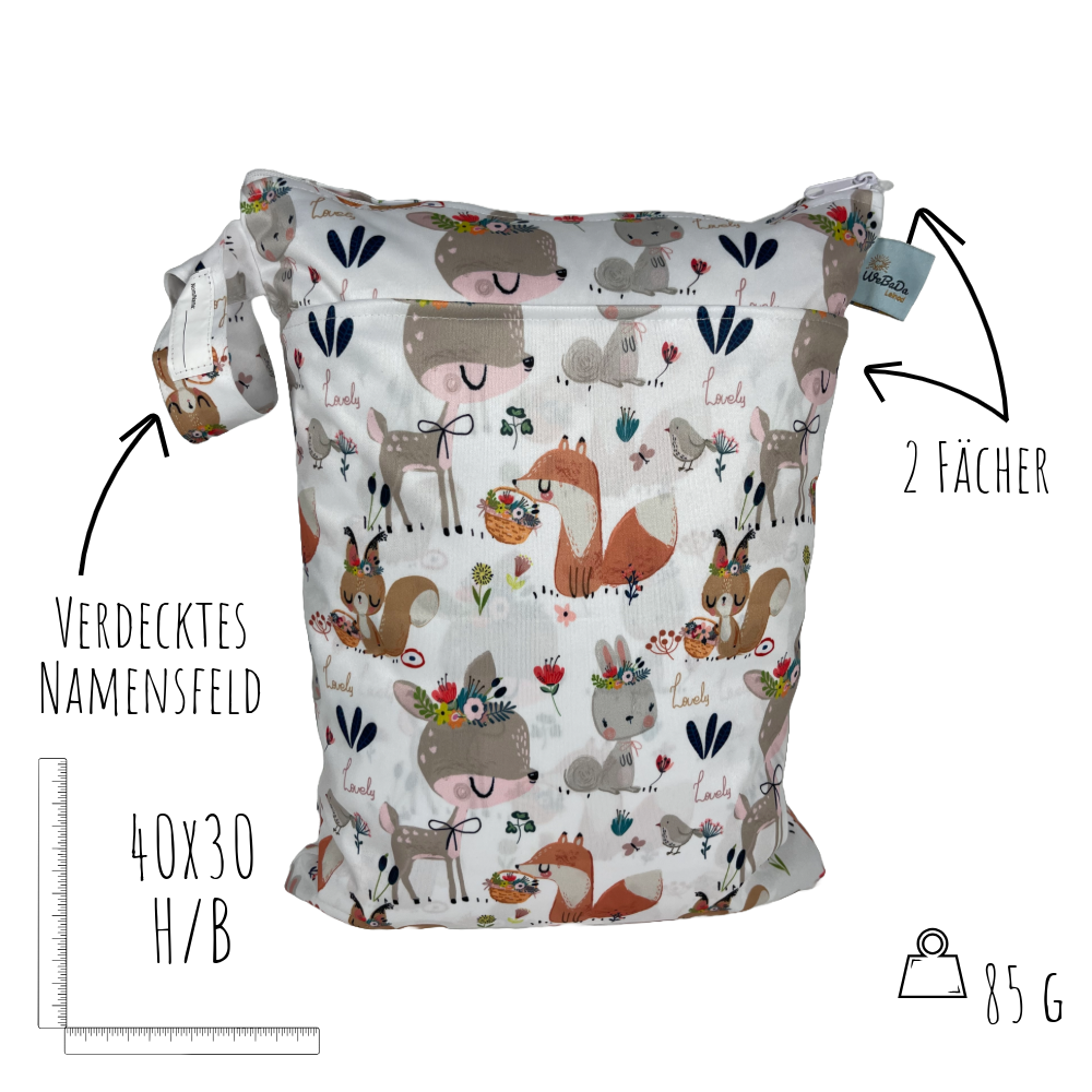 Große Wetbag "Fuchs, Hase & Reh" - Nasstasche für Kita, Windeln & Badebekleidung