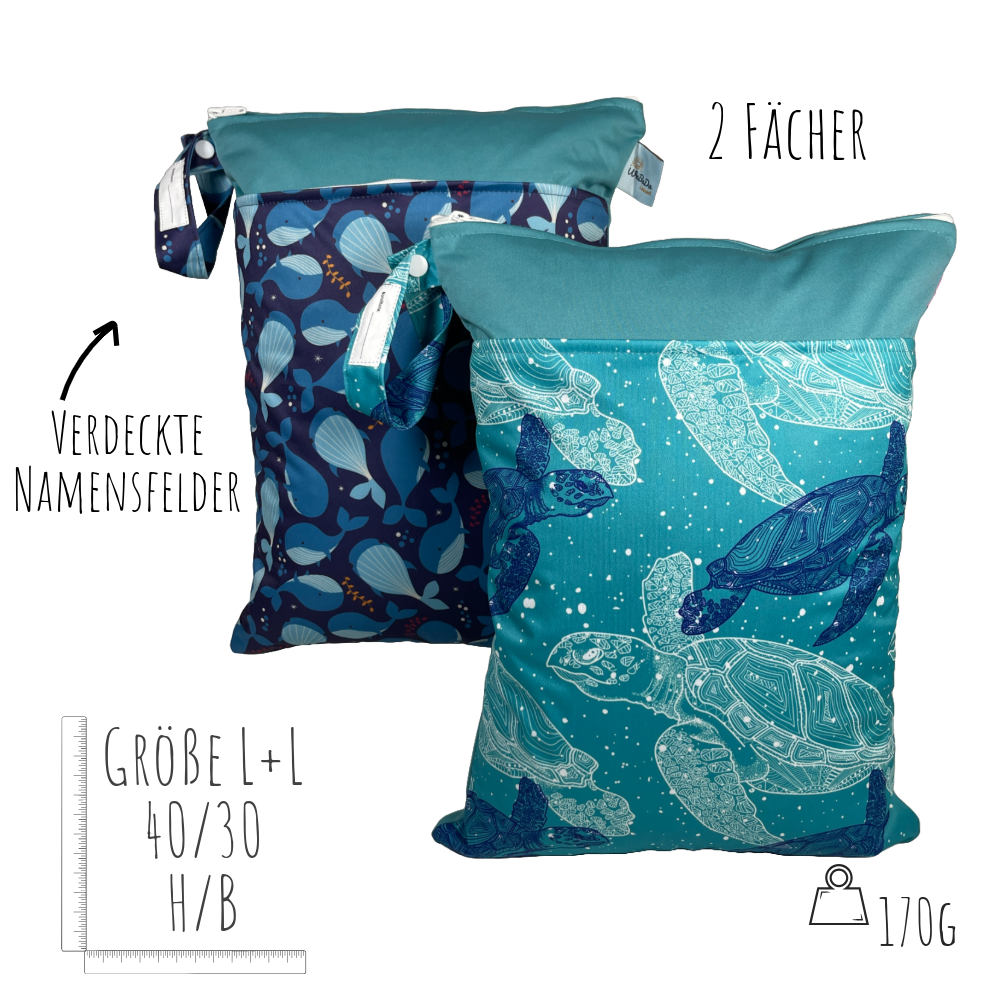 Wetbag Set „Schildkröten Wale“ - Wäschebeutel / Hygienebeutel für Badesachen, Schmutzwäsche