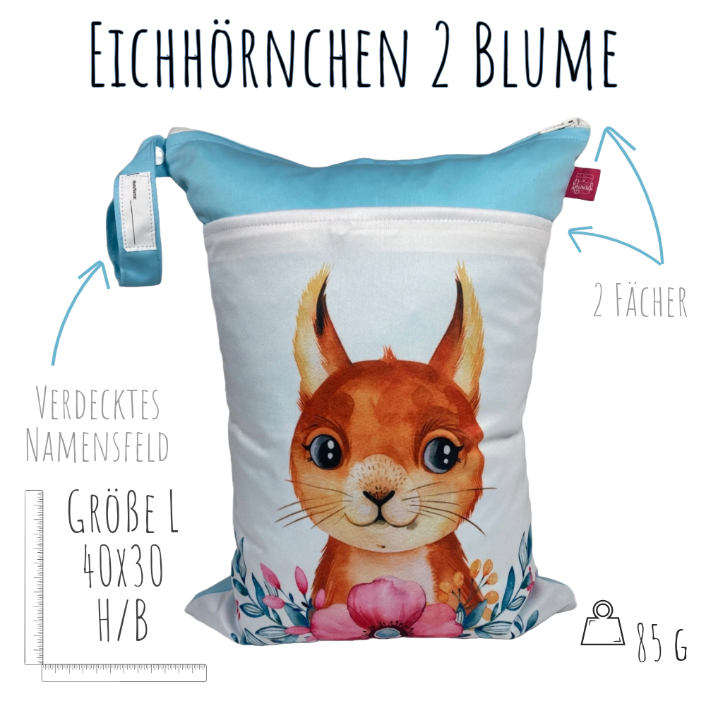 Große Nasstasche "Eichhörnchen"- personalisierbar - Wetbag mit Namen für Kita & Zuhause