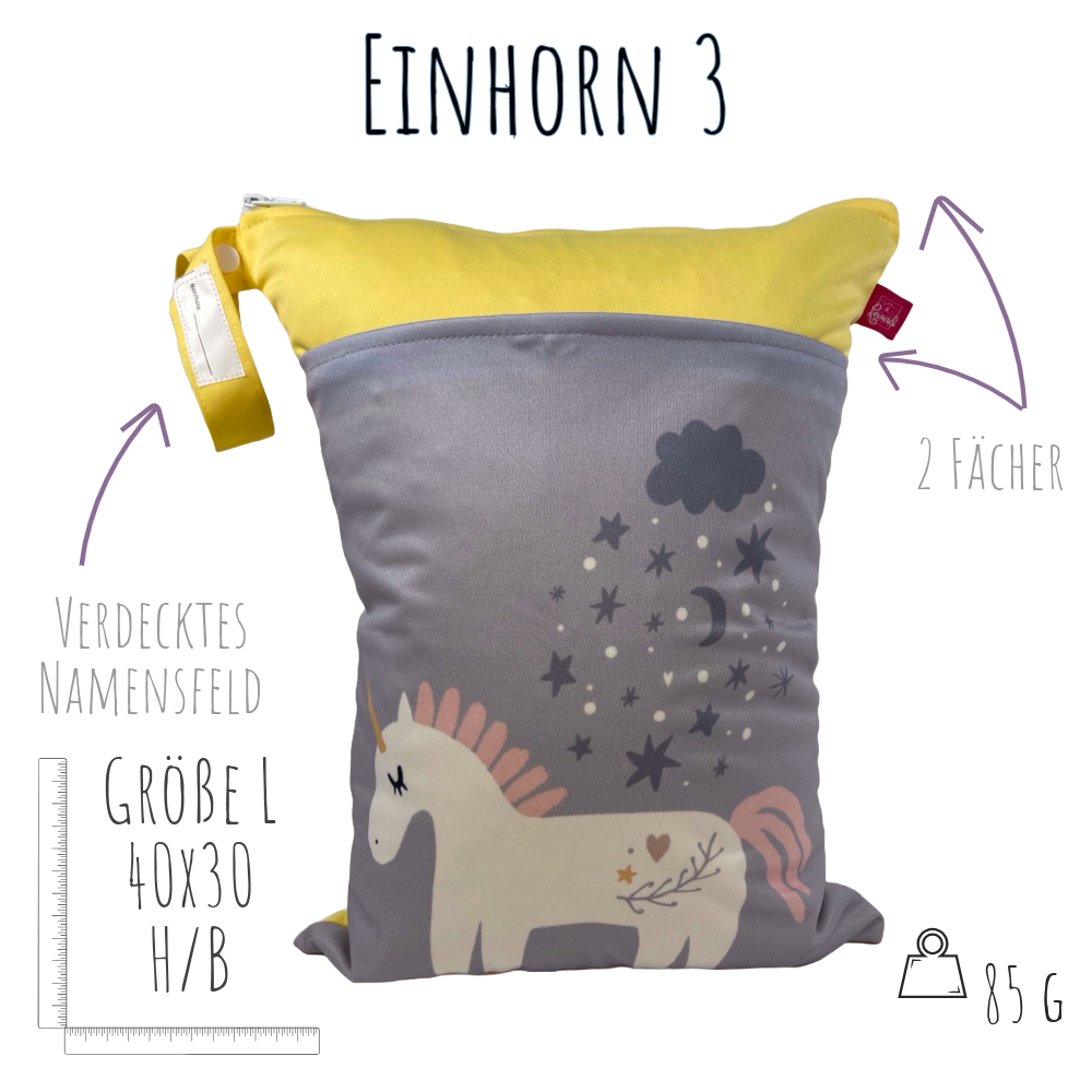 Große Nasstasche "Einhorn"- personalisierbar - Wetbag mit Namen für Kita & Zuhause