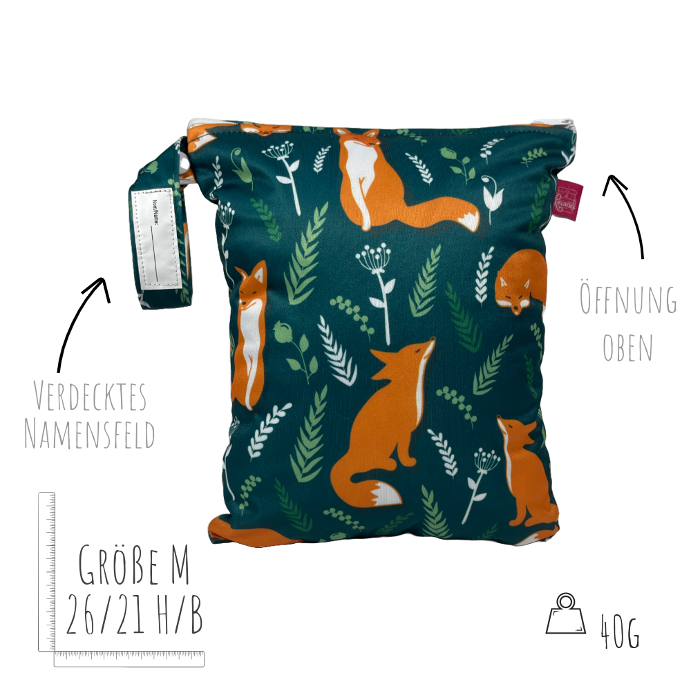 Grüner Wetbag für Kinder mit Fuchs-Motiv – Nasstasche für Kita, Schule und unterwegs