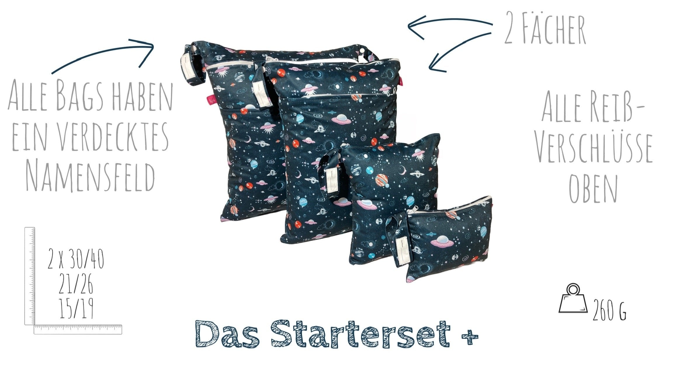Wetbag Viererset „Weltraum“ - Wäschebeutel, Nasstaschen im Sparset