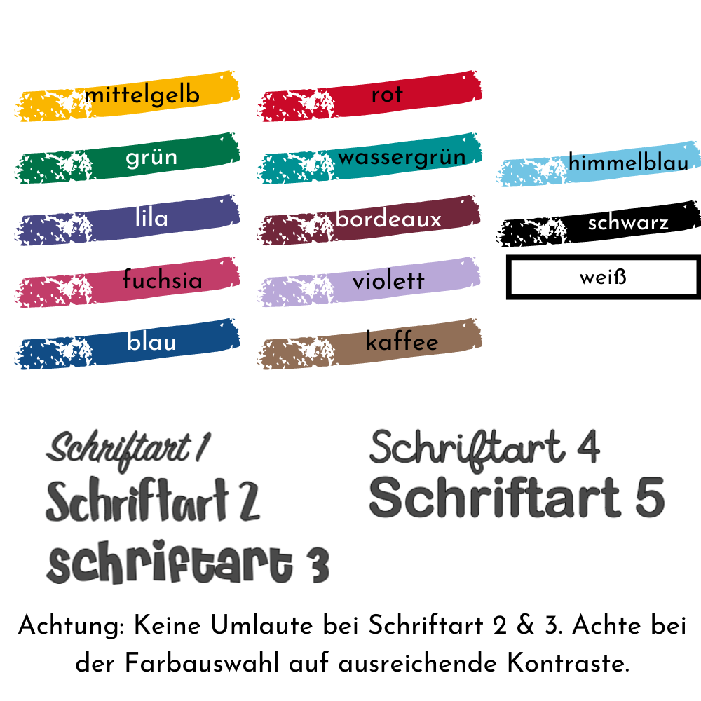 5 Schriftarten und 13 Farben zur Auswahl