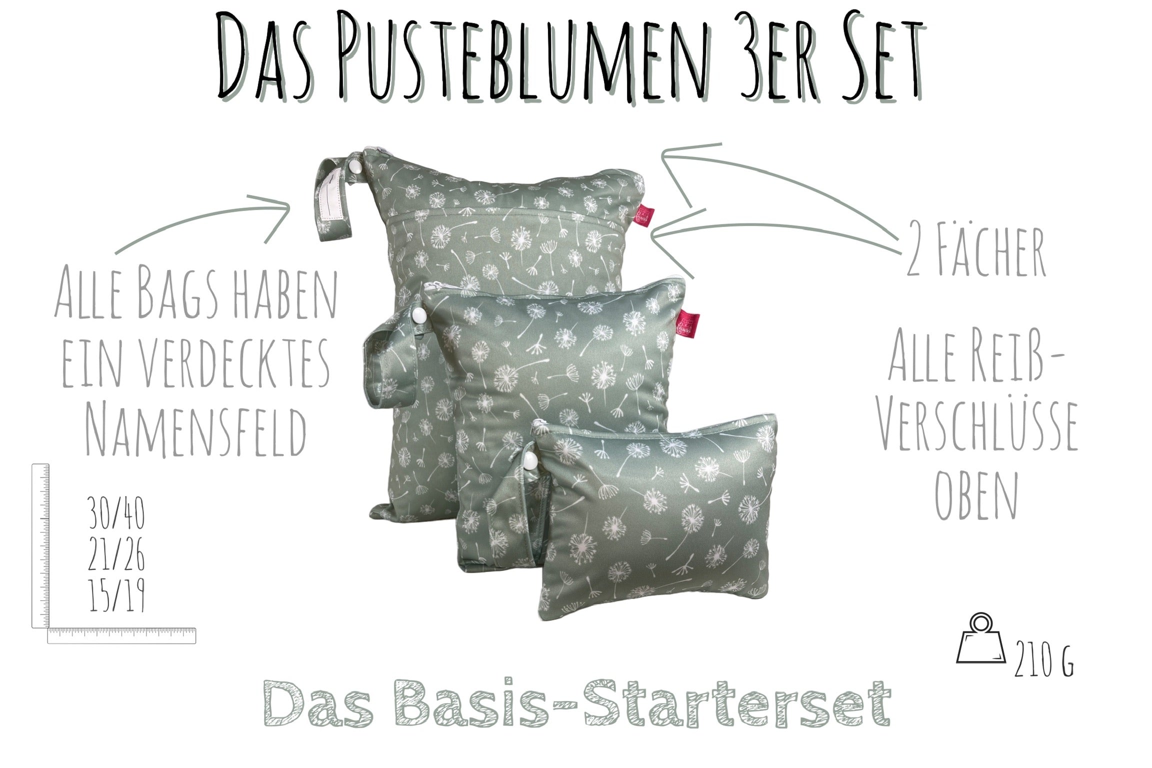 Wetbag Set „Pusteblumen Salbei“ - 3 Wäschebeutel für Reise & Alltag