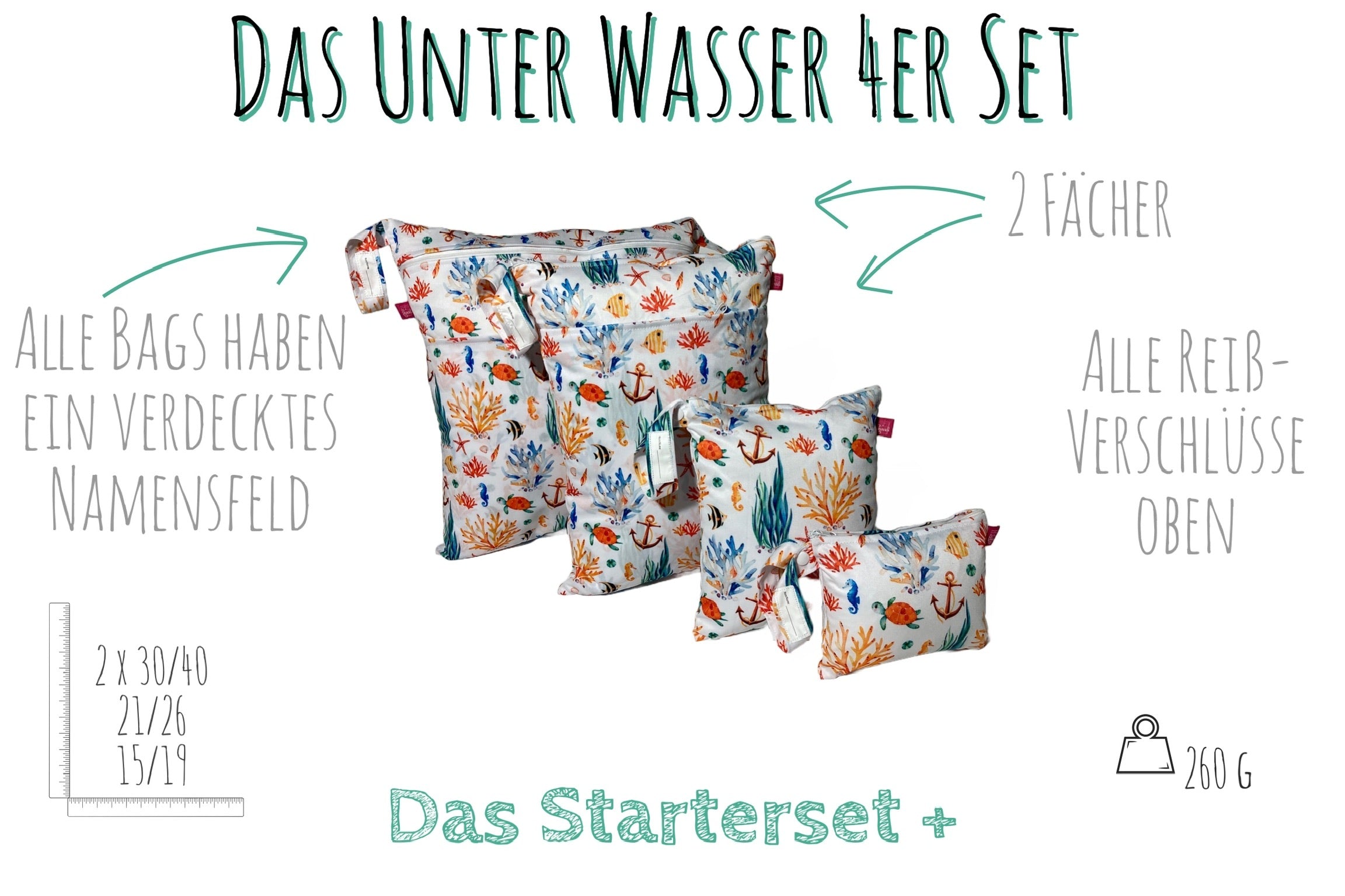 Wetbag Viererset „Unterwasser“ - Nasstaschen für Urlaub & Alltag